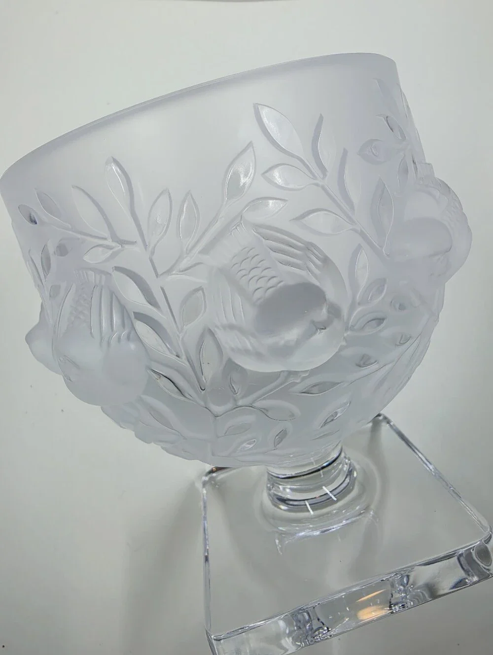 Lalique France Elisabeth Fauna & Flora Frosted Crystal Vase Square Pedestal